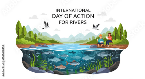Illustration for International Day of Action for Rivers with a scenic river landscape and people engaging in conservation activities.