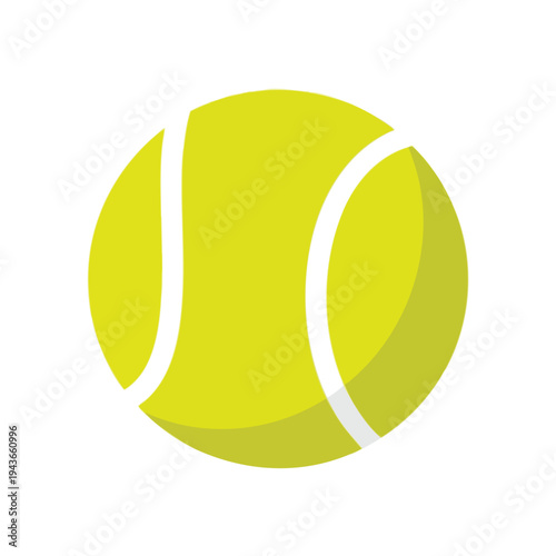 A simple, flat yellow tennis ball with white curved lines on a white background