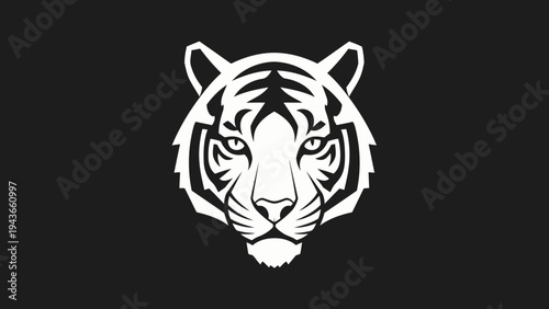 Stylized White Tiger Head Emblem on Black Background.