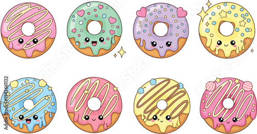Cute kawaii donut collection with smiling faces colorful glaze sprinkles and candy toppings, playful dessert vector illustration set