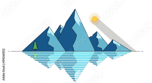 Vector mountain landscape with sun beam and water reflection