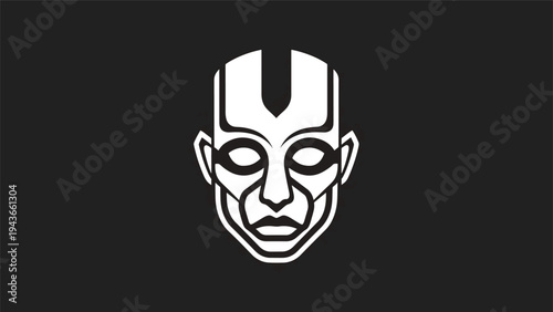 Stylized White Humanoid Face Icon on Black Background.