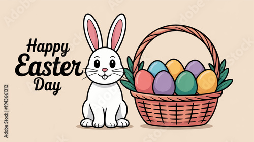 Happy easter day white bunny with basket of colorful eggs on pastel background