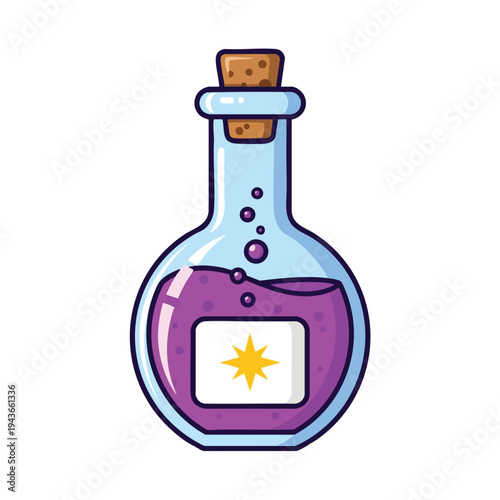 A cartoon potion bottle with purple liquid, bubbles, a cork stopper, and a yellow star