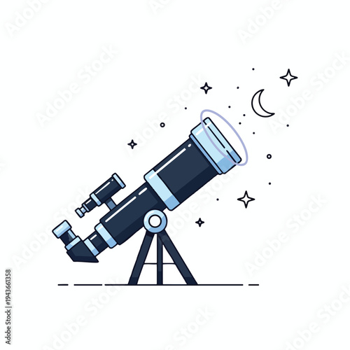 A stylized telescope on a tripod, observing stars, a crescent moon and points of light