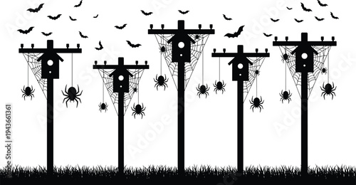 Halloween electrical pole silhouette set featuring spooky birdhouses covered in spider webs with hanging spiders and bats flying over a dark grass meadow vector.