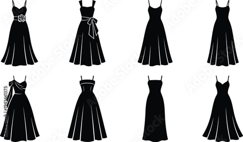 Elegant women dresses silhouette collection, fashion evening gowns and cocktail dress styles set illustration vector