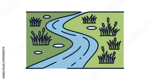 a winding river with grass and rocks.