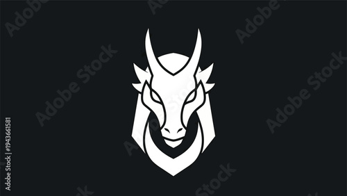 Stylized White Dragon Head Emblem on Black Background.