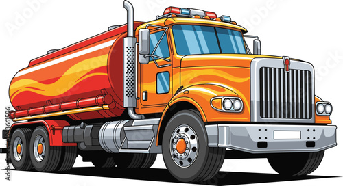 Heavy Duty Fuel Tanker Truck Vector Illustration Featuring Bright Orange Paint with Yellow Flames on White Background for Industrial Logistics Transportation and Petroleum Delivery