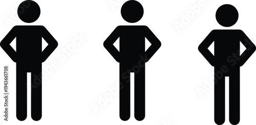 Set of black human figure icons standing with hands on hips in confident pose isolated on white background vector illustration