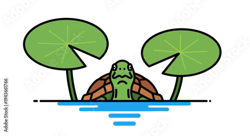A turtle peeking out from water with lotus plants.