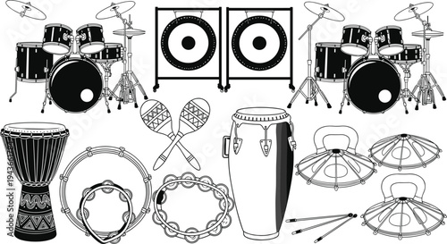 Musical percussion instruments collection including drum set, gong, conga, djembe, tambourine, maracas and cymbals, black and white line art vector illustration set