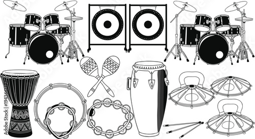 Percussion musical instruments collection featuring drum kit, gong, conga, djembe, tambourine, maracas and cymbals, detailed black and white vector line art illustration set