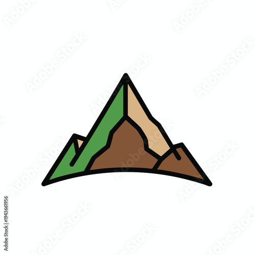 Stylized depiction of layered mountains in green, brown, and tan hues