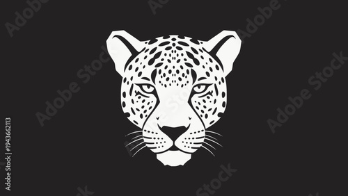 Stylized White Leopard Head Illustration on Black Background.
