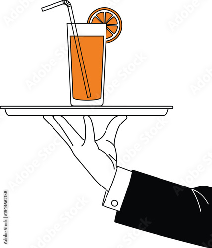 Minimalist Illustration of a Hand Holding a Tray with a Glass of Juice and a Lemon Slice for Elegant Drink Designs