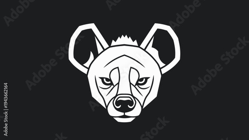 Stylized illustration of a hyenas head in white on black.