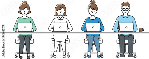 Diverse Business Team Working on Laptops at Long Table in Coworking Office for Corporate Collaboration Remote Work and Modern Employment Concepts