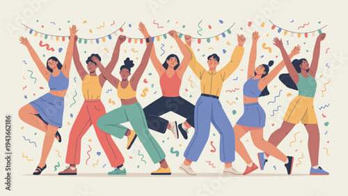 Diverse group of people celebrating with raised arms in colorful outfits and confetti background