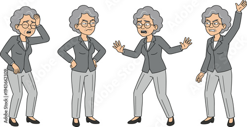 Angry elderly businesswoman showing different frustrated emotions, strict senior female manager expressing anger concept illustration vector set