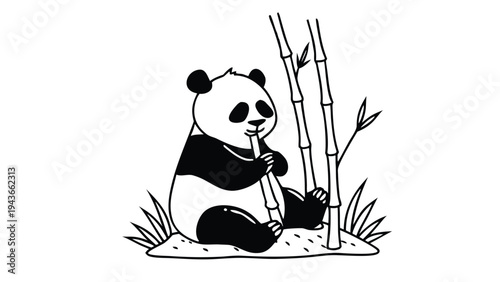 Adorable black and white cartoon panda bear happily sitting while eating a stalk of fresh bamboo in a simple drawing style.
