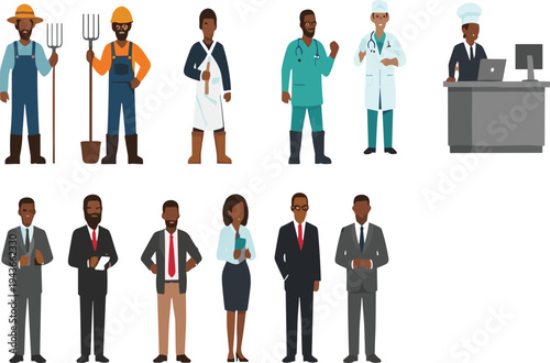 Diverse professions characters collection featuring farmers doctors chefs office workers and business professionals flat vector illustration set