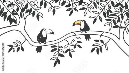 A charming illustration featuring two adorable toucans perched on a tree branch, surrounded by simple black and white leaves.