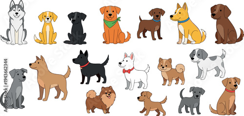 Different Dog Breeds Cartoon Vector Set with Cute Puppies Standing and Sitting Domestic Pet Characters Illustration