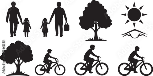 Family and cycling silhouettes in sunny outdoor setting icons