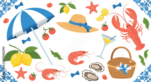 Seaside Picnic and Seafood Vector Set with Lobster, Shrimp, Lemon, Straw Hat, Umbrella and Summer Beach Elements