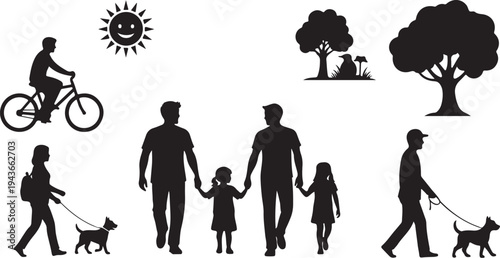 Silhouettes of people walking, biking, and enjoying outdoors together