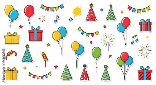 Colorful birthday party elements with balloons gifts and flags on transparent background silhouette