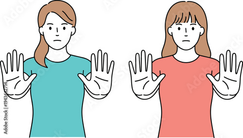 Women showing stop gesture with open hands, refusal and warning sign concept, female boundary expression illustration vector