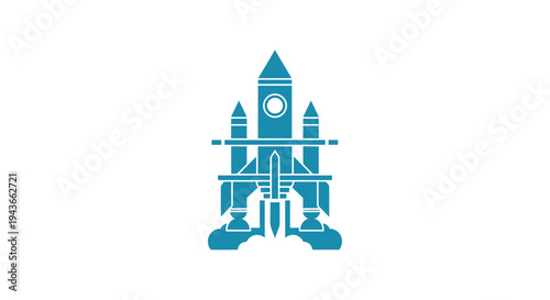 Stylized Teal Building with Clock Tower and Arches.