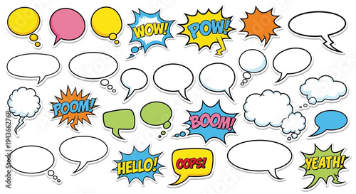 Colorful comic book speech bubbles and explosions on transparent background silhouette