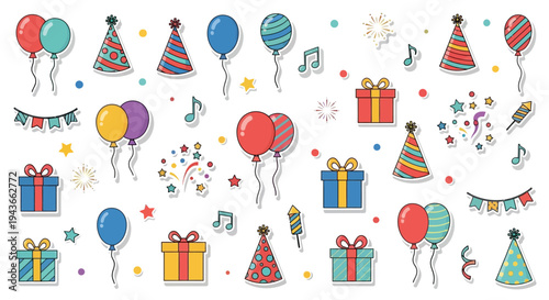 Colorful birthday decorations with balloons gifts and music silhouette on transparent background