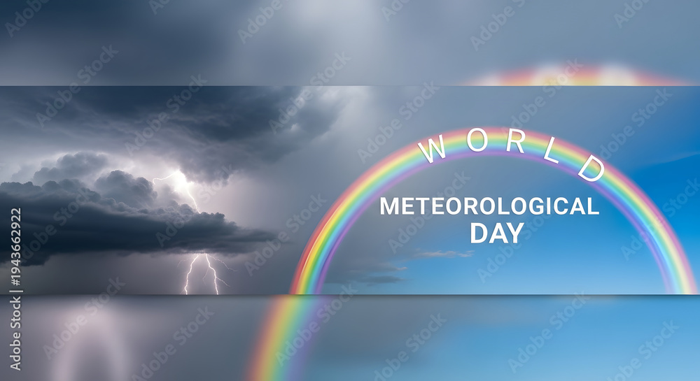 Fototapeta premium Commemorating World Meteorological Day with a dramatic display of nature's power, featuring lightning and a vibrant rainbow against a stormy sky.