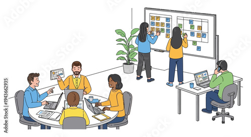 Team Collaborating on Project with Whiteboard and Laptops.