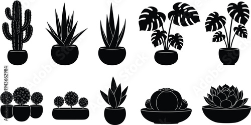Houseplants silhouette set featuring potted cactus succulent monstera and aloe vera vector illustrations for interior design home decor and botanical nature clip art isolated.