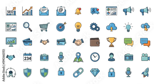 Colorful business and marketing icons collection on transparent background silhouette