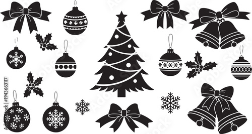 Black and white Christmas tree ornaments and decorations set