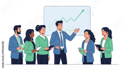 Illustration of a diverse business team collaborating and discussing a graph presentation in a professional setting with a clean white background.