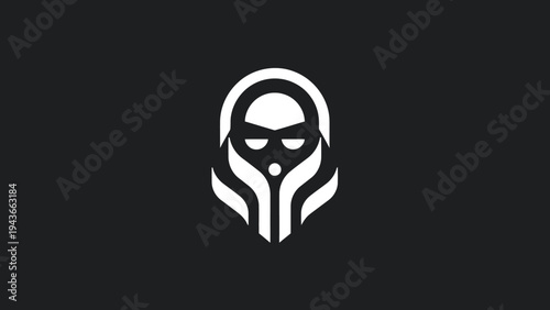 Stylized minimalist icon of a masked figure in white on black.