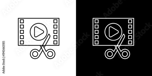 Clean Line Icon Representing Video Editing, Film Trimming, or Multimedia Production with Play Button and Scissors Symbol for Creative Content