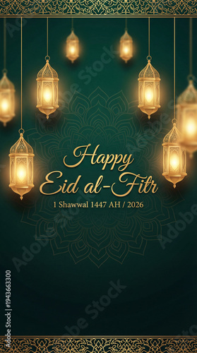 Vertical Eid al-Fitr Greeting Design with Golden Hanging Lanterns