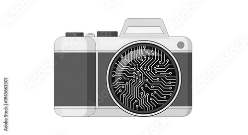 Advanced digital photographic device icon symbolizing cutting-edge technology and intelligent imaging capabilities with intricate circuit board detailing within the lens