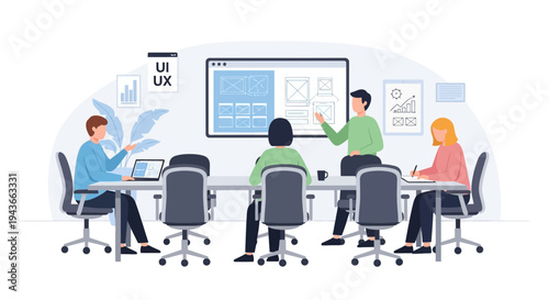 Team collaborating on UI UX design project in meeting room.