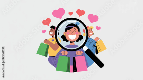 Happy shopper with friends and colorful shopping bags under magnifying glass with hearts