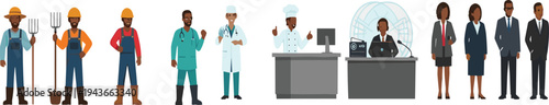 Diverse professions characters collection featuring farmers doctors chefs office workers and business professionals flat vector illustration set